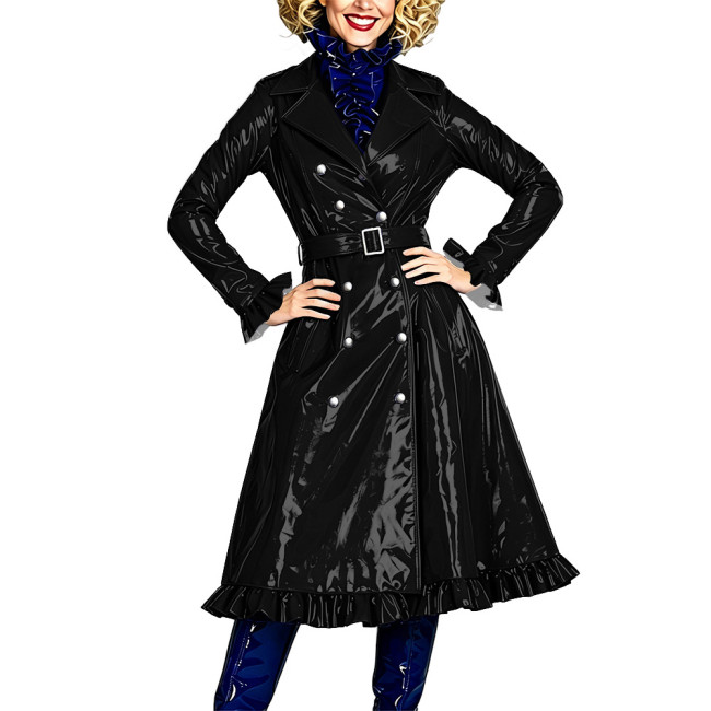 Shiny Double Breasted Elegant Lapel Collar  Long Trench Coat  Fashion Vinyl PVC Leather Flared Long Sleeve Midi Jacket Dresses