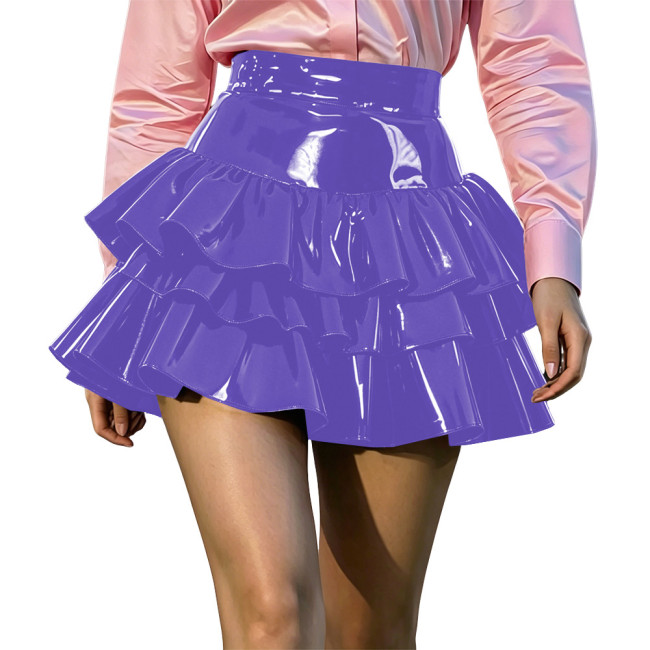Women PVC Shiny Leather Tiered Mini Skirt High Waist Ruffled Layered Pleated Skirt Wetlook A-line Short Skirts Club Street Wear