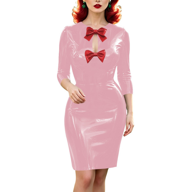 Vinyl PVC Leather Bodycon Midi Dress for Womens 3/4 Sleeve Bow Keyhole Front Wetlook Pencil Dress Glossy Party Vintage Vestidos