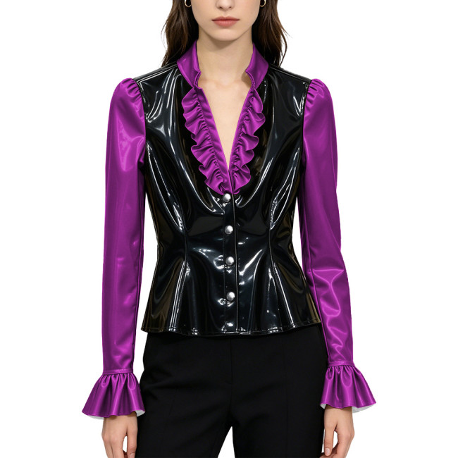 Sexy PVC Glossy Leather Ruffles V-neck Blouse Women Clothing Chic Long Sleeve Button-up Flare Shirt Patchwork Tops Clubwear