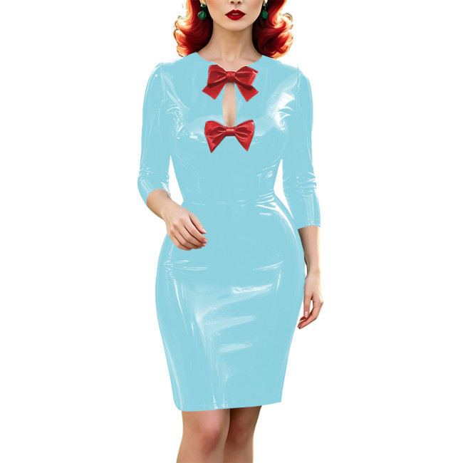 Vinyl PVC Leather Bodycon Midi Dress for Womens 3/4 Sleeve Bow Keyhole Front Wetlook Pencil Dress Glossy Party Vintage Vestidos