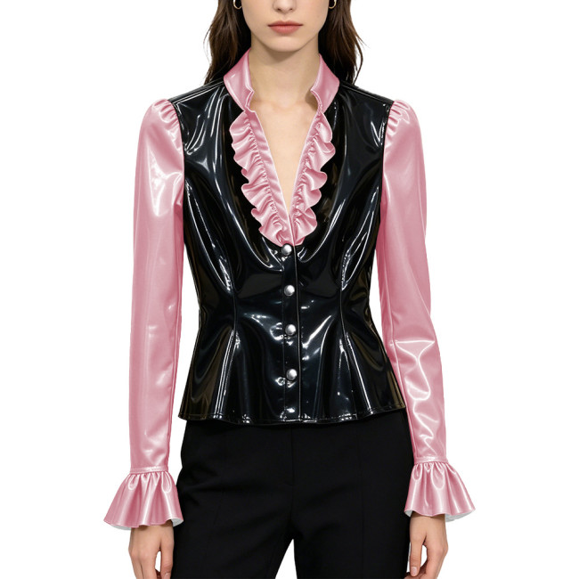 Sexy PVC Glossy Leather Ruffles V-neck Blouse Women Clothing Chic Long Sleeve Button-up Flare Shirt Patchwork Tops Clubwear