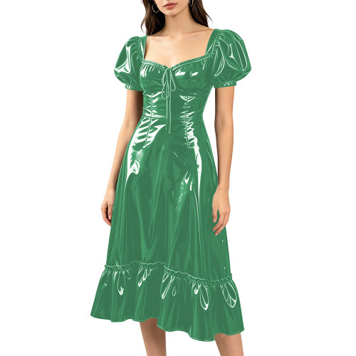 French Style Long A-line Dress Puff Short Sleeve Sweetheart Neck Midi Dress PVC Glossy Leather Party Evening Lolita Prom Dress