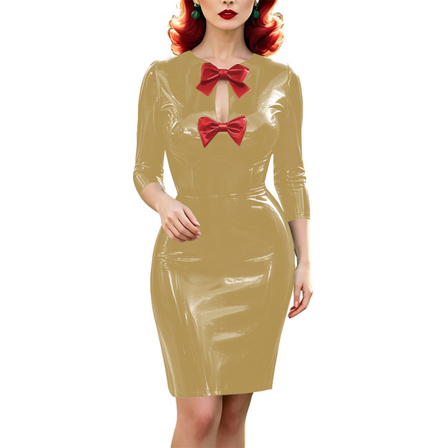 Vinyl PVC Leather Bodycon Midi Dress for Womens 3/4 Sleeve Bow Keyhole Front Wetlook Pencil Dress Glossy Party Vintage Vestidos