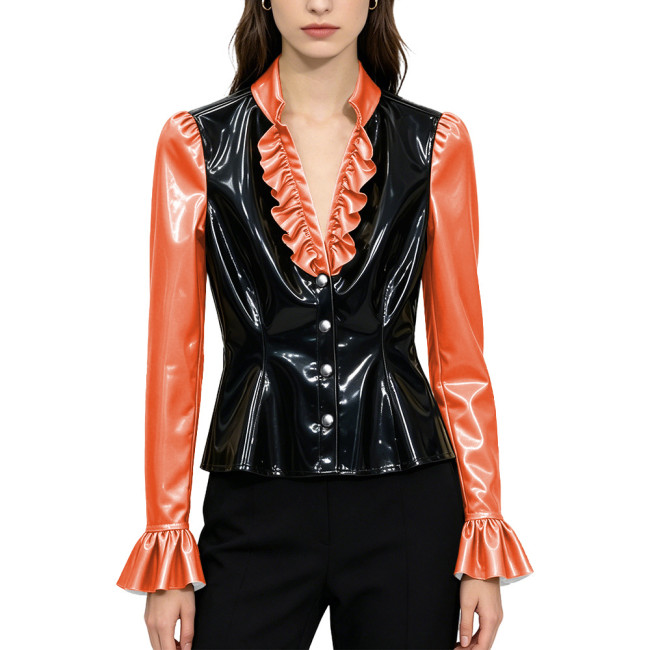 Sexy PVC Glossy Leather Ruffles V-neck Blouse Women Clothing Chic Long Sleeve Button-up Flare Shirt Patchwork Tops Clubwear