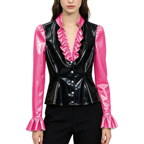 Sexy PVC Glossy Leather Ruffles V-neck Blouse Women Clothing Chic Long Sleeve Button-up Flare Shirt Patchwork Tops Clubwear