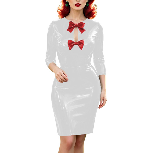 Vinyl PVC Leather Bodycon Midi Dress for Womens 3/4 Sleeve Bow Keyhole Front Wetlook Pencil Dress Glossy Party Vintage Vestidos