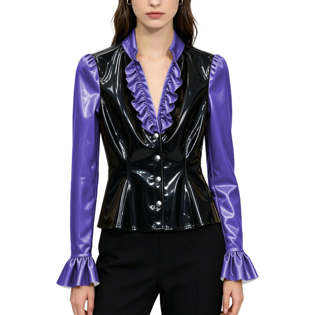 Sexy PVC Glossy Leather Ruffles V-neck Blouse Women Clothing Chic Long Sleeve Button-up Flare Shirt Patchwork Tops Clubwear