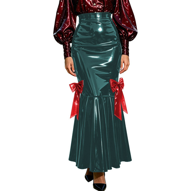 Womens Glossy Sheath Long Mermaid Hem Skirt Office Lady Formal Party Club Wear PVC Shiny Leather Solid Color Elegant Slim Skirt