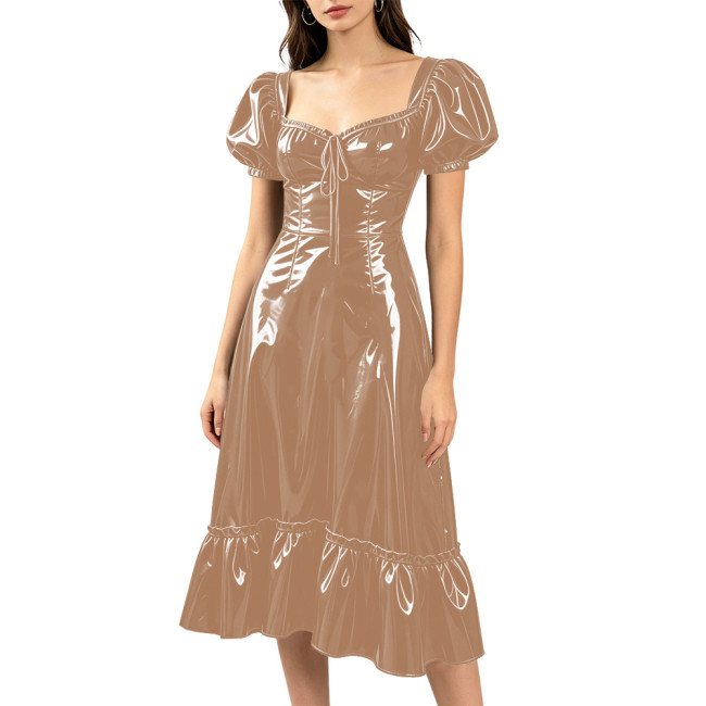 French Style Long A-line Dress Puff Short Sleeve Sweetheart Neck Midi Dress PVC Glossy Leather Party Evening Lolita Prom Dress
