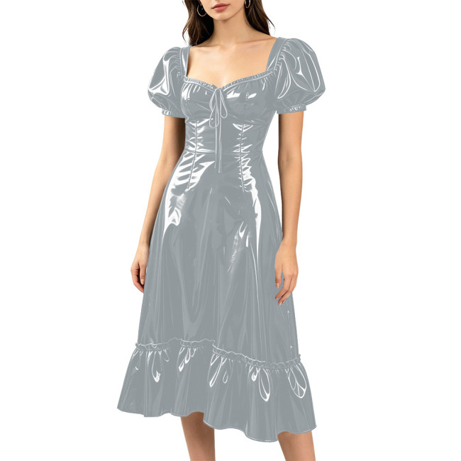 French Style Long A-line Dress Puff Short Sleeve Sweetheart Neck Midi Dress PVC Glossy Leather Party Evening Lolita Prom Dress
