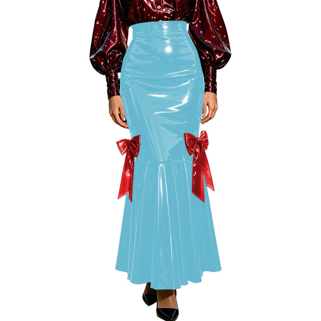 Womens Glossy Sheath Long Mermaid Hem Skirt Office Lady Formal Party Club Wear PVC Shiny Leather Solid Color Elegant Slim Skirt