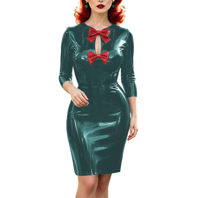 Vinyl PVC Leather Bodycon Midi Dress for Womens 3/4 Sleeve Bow Keyhole Front Wetlook Pencil Dress Glossy Party Vintage Vestidos