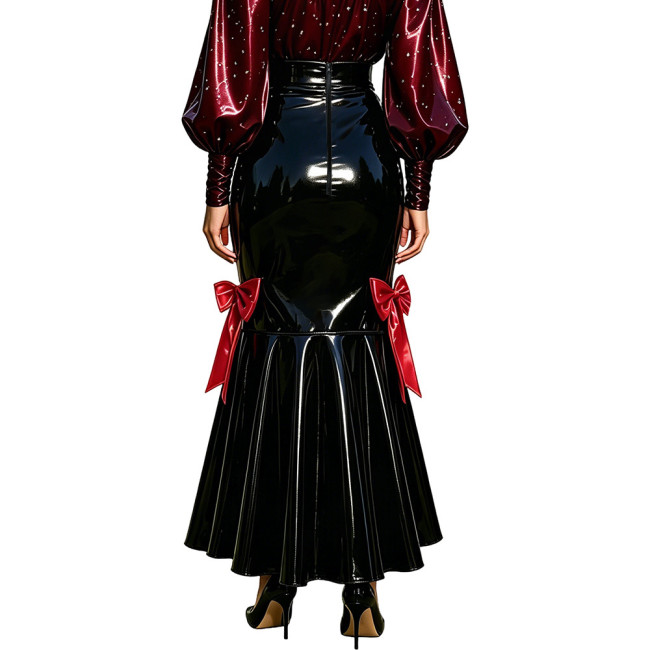 Womens Glossy Sheath Long Mermaid Hem Skirt Office Lady Formal Party Club Wear PVC Shiny Leather Solid Color Elegant Slim Skirt
