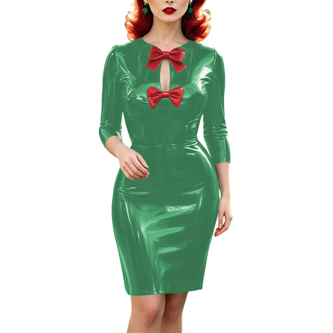 Vinyl PVC Leather Bodycon Midi Dress for Womens 3/4 Sleeve Bow Keyhole Front Wetlook Pencil Dress Glossy Party Vintage Vestidos