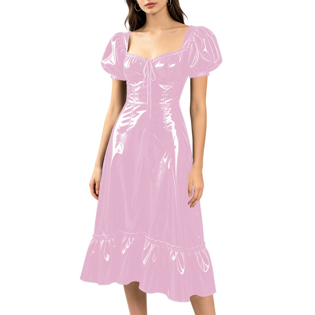 French Style Long A-line Dress Puff Short Sleeve Sweetheart Neck Midi Dress PVC Glossy Leather Party Evening Lolita Prom Dress