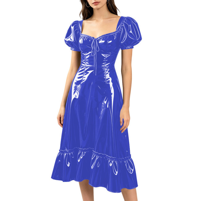 French Style Long A-line Dress Puff Short Sleeve Sweetheart Neck Midi Dress PVC Glossy Leather Party Evening Lolita Prom Dress