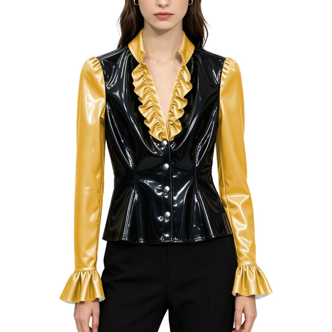 Sexy PVC Glossy Leather Ruffles V-neck Blouse Women Clothing Chic Long Sleeve Button-up Flare Shirt Patchwork Tops Clubwear