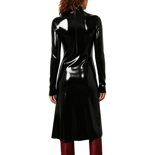 Women Glossy Solid Fashion Split Long T-Shirts Club Turtleneck Long Sleeve Slim Tops Wetlook PVC Leather Casual Tees Partywear
