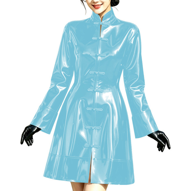 Glossy Wet Look A-line Mini Dress Women Stand Collar Chinese Frog Buttons Long Sleeve Short Dress Elegant Cocktail Party Outfit