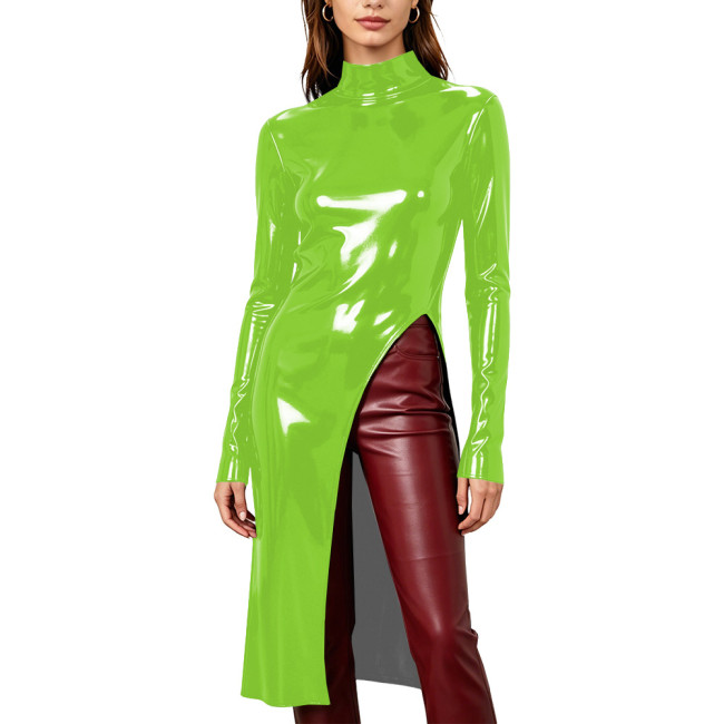 Women Glossy Solid Fashion Split Long T-Shirts Club Turtleneck Long Sleeve Slim Tops Wetlook PVC Leather Casual Tees Partywear