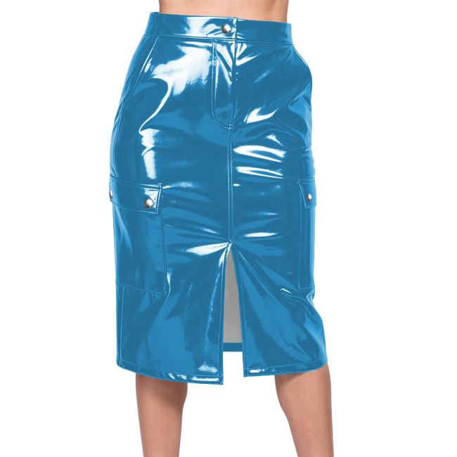 Plus Size Chic Glossy Faux Leather Slim Mid Skirts PVC Shiny Stretchy Split Pencil Skirts Office Ladies High Waist Clubwear 8XL