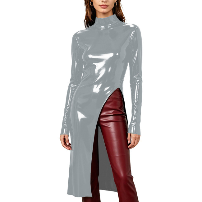 Women Glossy Solid Fashion Split Long T-Shirts Club Turtleneck Long Sleeve Slim Tops Wetlook PVC Leather Casual Tees Partywear