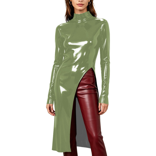 Women Glossy Solid Fashion Split Long T-Shirts Club Turtleneck Long Sleeve Slim Tops Wetlook PVC Leather Casual Tees Partywear