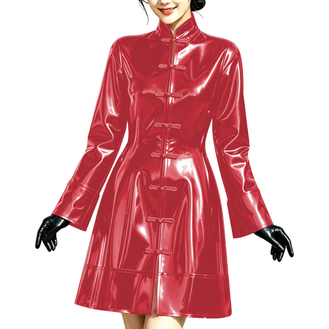 Glossy Wet Look A-line Mini Dress Women Stand Collar Chinese Frog Buttons Long Sleeve Short Dress Elegant Cocktail Party Outfit