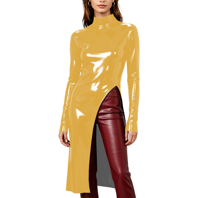 Women Glossy Solid Fashion Split Long T-Shirts Club Turtleneck Long Sleeve Slim Tops Wetlook PVC Leather Casual Tees Partywear