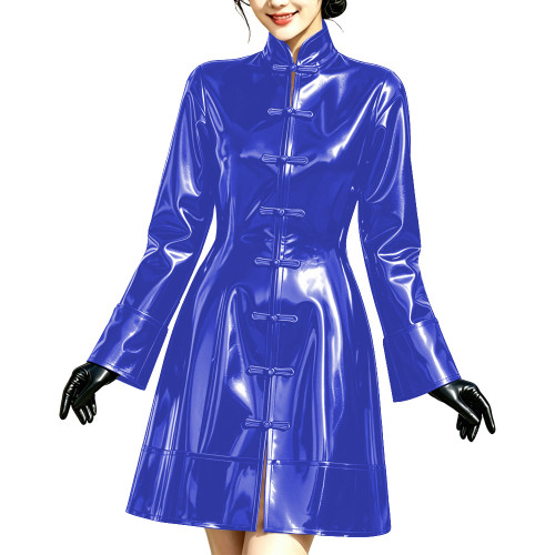 Glossy Wet Look A-line Mini Dress Women Stand Collar Chinese Frog Buttons Long Sleeve Short Dress Elegant Cocktail Party Outfit