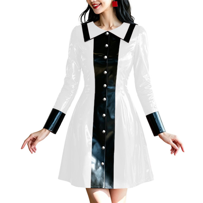Fashion Glossy Ladies Button Front Mini Dress Wetlook Clubwear Outfit PVC Shiny Patchwork Long Sleeve Evening Party A-line Dress