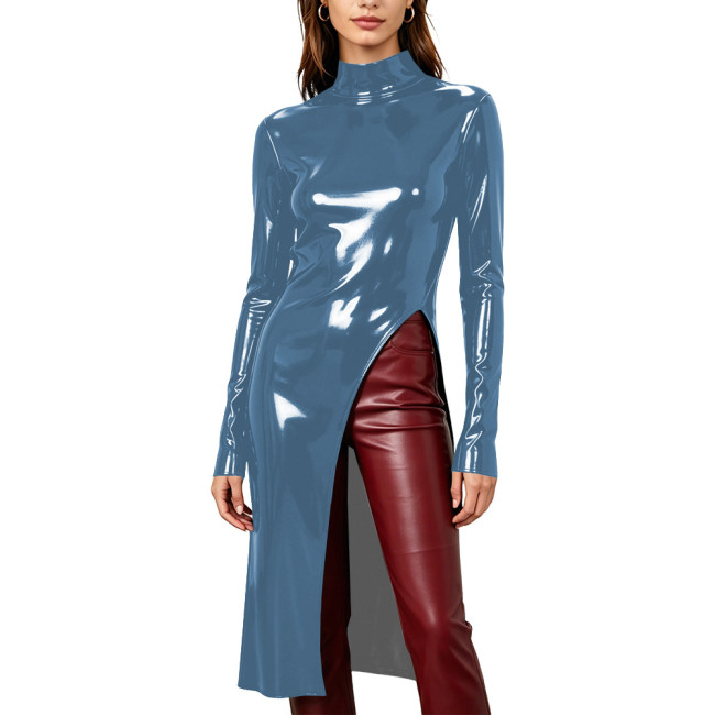 Women Glossy Solid Fashion Split Long T-Shirts Club Turtleneck Long Sleeve Slim Tops Wetlook PVC Leather Casual Tees Partywear
