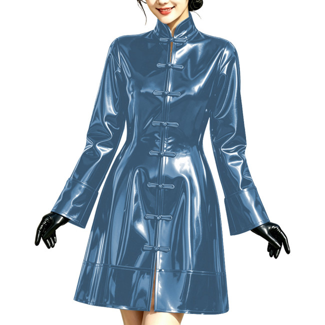Glossy Wet Look A-line Mini Dress Women Stand Collar Chinese Frog Buttons Long Sleeve Short Dress Elegant Cocktail Party Outfit