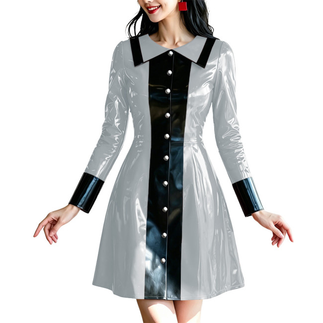 Fashion Glossy Ladies Button Front Mini Dress Wetlook Clubwear Outfit PVC Shiny Patchwork Long Sleeve Evening Party A-line Dress