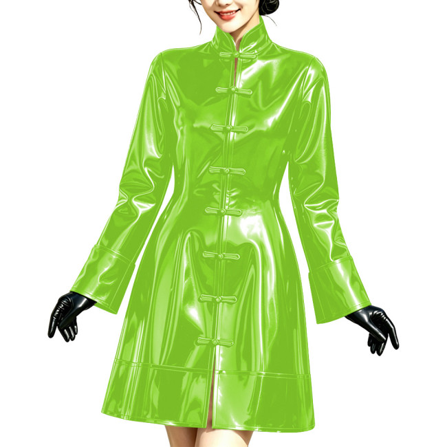 Glossy Wet Look A-line Mini Dress Women Stand Collar Chinese Frog Buttons Long Sleeve Short Dress Elegant Cocktail Party Outfit