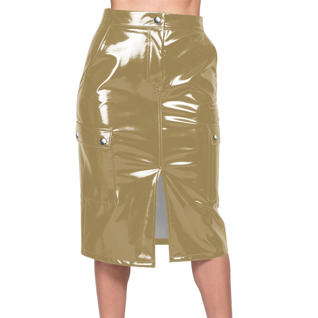 Plus Size Chic Glossy Faux Leather Slim Mid Skirts PVC Shiny Stretchy Split Pencil Skirts Office Ladies High Waist Clubwear 8XL