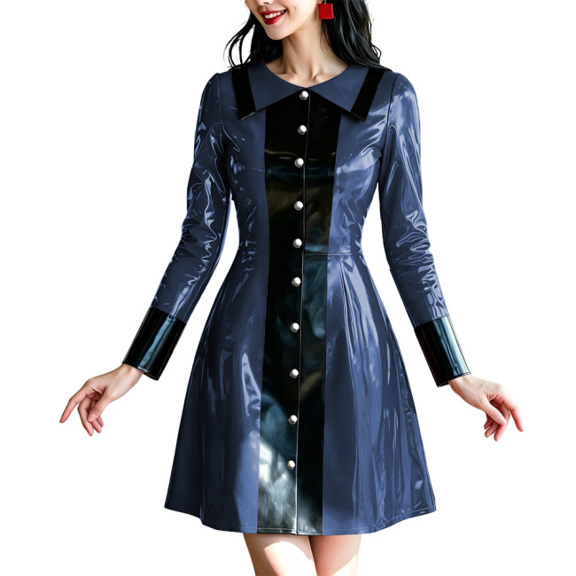 Fashion Glossy Ladies Button Front Mini Dress Wetlook Clubwear Outfit PVC Shiny Patchwork Long Sleeve Evening Party A-line Dress