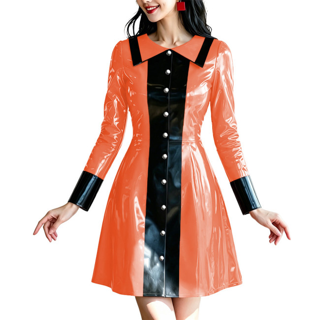 Fashion Glossy Ladies Button Front Mini Dress Wetlook Clubwear Outfit PVC Shiny Patchwork Long Sleeve Evening Party A-line Dress