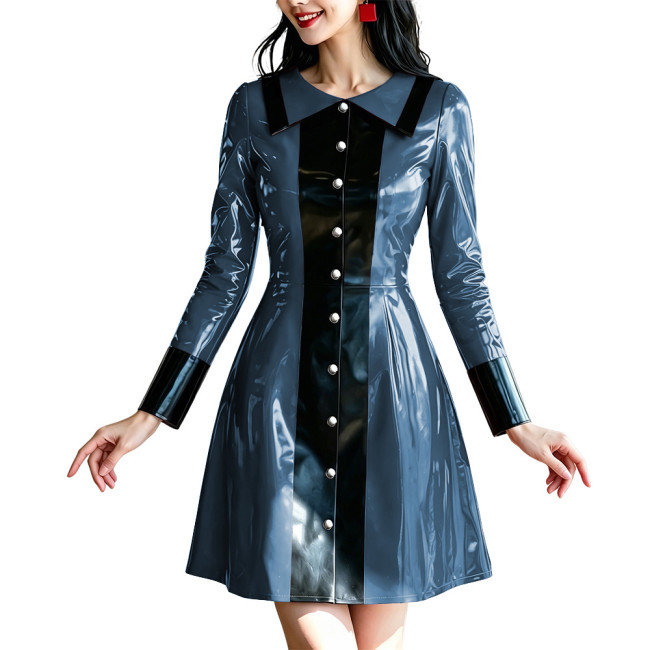 Fashion Glossy Ladies Button Front Mini Dress Wetlook Clubwear Outfit PVC Shiny Patchwork Long Sleeve Evening Party A-line Dress