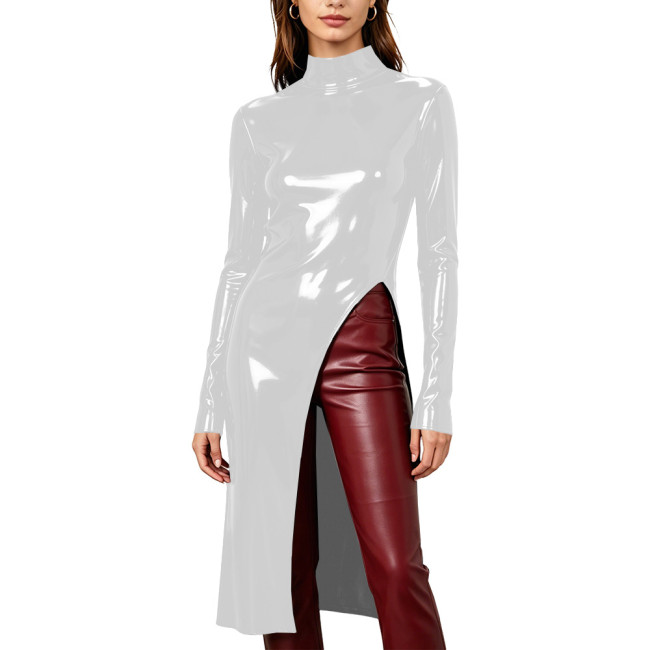 Women Glossy Solid Fashion Split Long T-Shirts Club Turtleneck Long Sleeve Slim Tops Wetlook PVC Leather Casual Tees Partywear