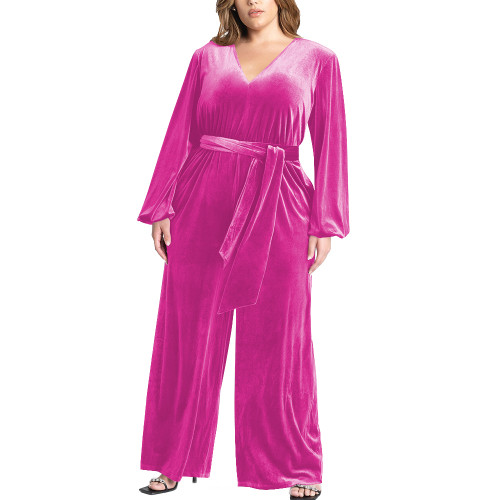 Plus Size Women V Neck Long Sleeve Slim Fit Jumpsuits Velvet Elegance Casual One Piece Catsuit Solid Vintage Party Club Rompers