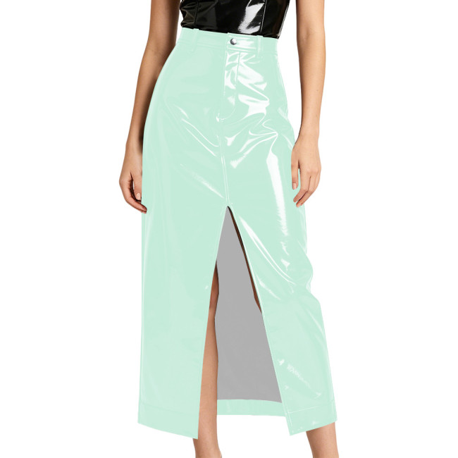 Plus Size Lady High Waist Stretch PVC Skirt Sexy Glossy Faux Leather Split Long Pencil Skirt High Street Vintage Straight Skirts