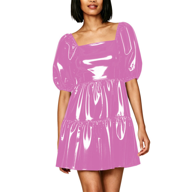 Fashion PVC Vinyl Leather Mini Dresses Square Neck Bubble Sleeve Ruffled Flared Short Dress with Back Zipper Glossy Streetwear