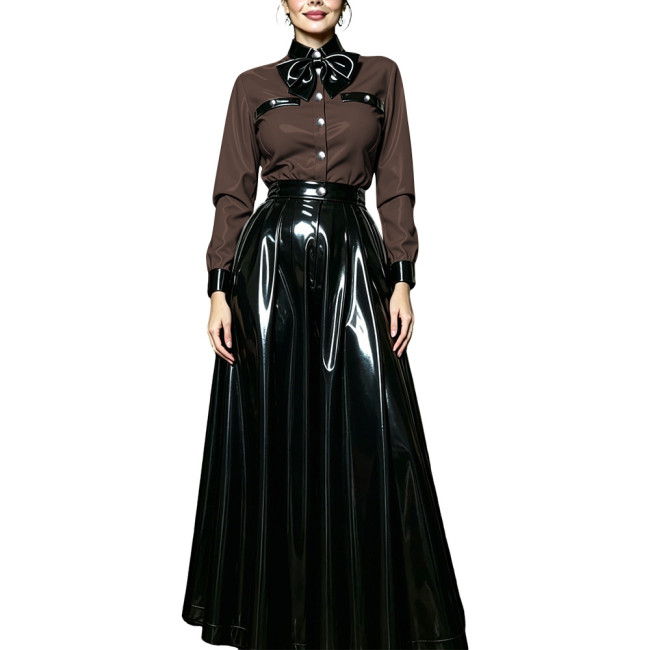 Women PVC Shiny Contrast Color Bow Tie Skirts Suit Glossy Leather Long Sleeve Collared Blouse and Flared Long Skirt Party Outfit