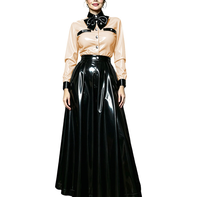 Women PVC Shiny Contrast Color Bow Tie Skirts Suit Glossy Leather Long Sleeve Collared Blouse and Flared Long Skirt Party Outfit