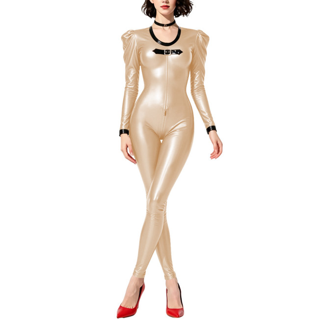 Party Slim Long Sleeve Wet Look PVC Catsuit Shiny Faux Leather Zipper Open Crotch Bodysuit Cosplay Tight Sexy Stretch Leotard