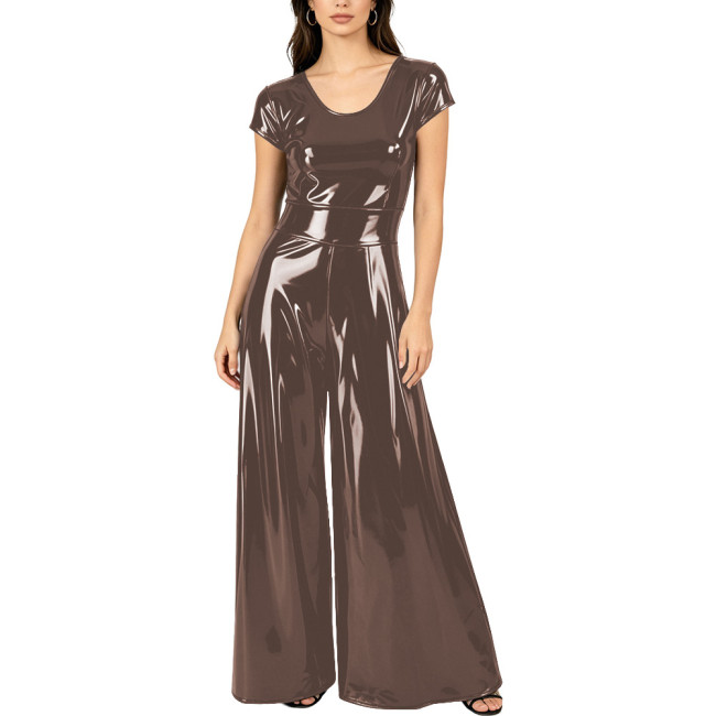 Women's Elegant Round Neck PVC Vinyl Leather Jumpsuit Glossy Fashion Wide Leg Rompers Casual Stylish High Street One-piece Suit