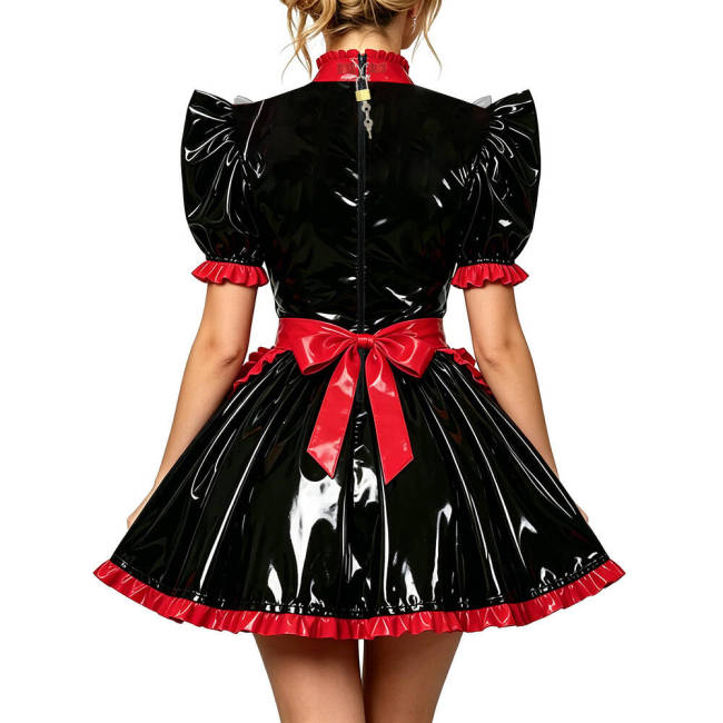 Lockable Crossdressing Maid Uniform PVC Vinyl Leather Short Sleeve Bowtie Mini Dress with Apron Lolita Cosplay Role Play Costume