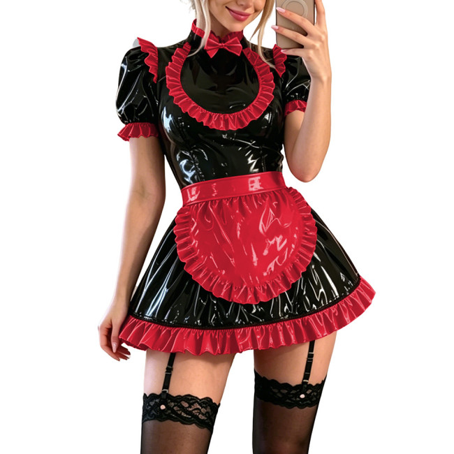 Sissy Glossy PVC Mini Maid Prom Dress Puff Sleeves Ruffle Trim Cocktail Party Cosplay Maid Uniforms Halloween Role Play Outfits